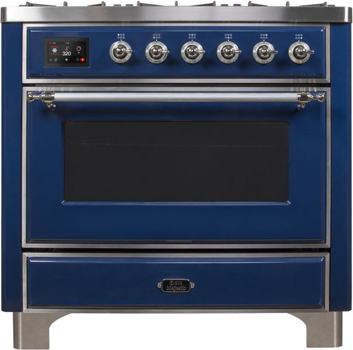 ILVE Majestic II 36'Dual Fuel Range in Blue w/ Chrome Trim UM096DNS3MBCNG - Farmhouse Kitchen and Bath