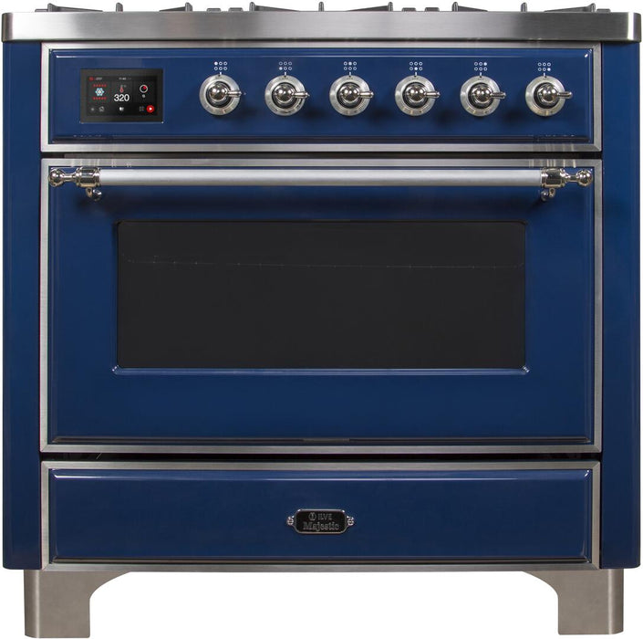 ILVE Majestic II 36'Dual Fuel Range in Blue w/ Chrome Trim UM096DNS3MBCNG - Farmhouse Kitchen and Bath