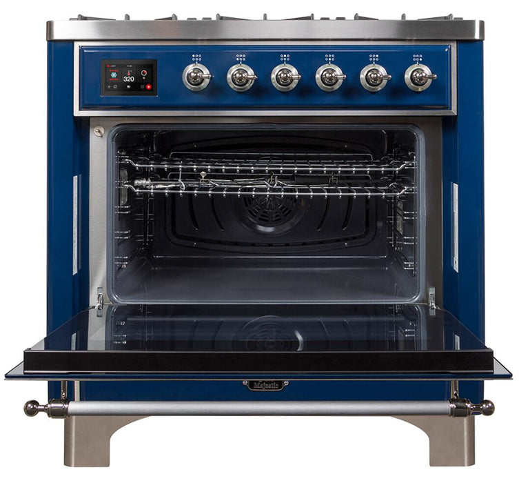 ILVE Majestic II 36'Dual Fuel Range in Blue w/ Chrome Trim UM096DNS3MBCNG - Farmhouse Kitchen and Bath