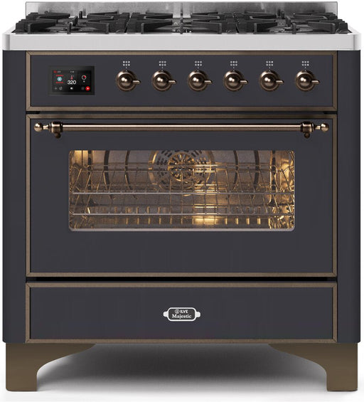 ILVE Majestic II 36 Inch Dual Fuel Natural Gas Freestanding Range in Matte Graphite with Bronze Trim UM096DNS3MGBNG - Farmhouse Kitchen and Bath