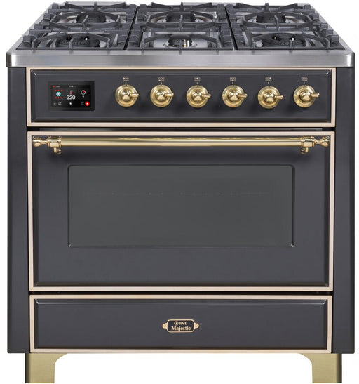 ILVE Majestic II 36 Inch Dual Fuel Natural Gas Freestanding Range in Matte Graphite with Brass Trim UM096DNS3MGGNG - Farmhouse Kitchen and Bath