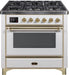 ILVE Majestic II 36 Inch Dual Fuel Natural Gas Freestanding Range in White with Brass Trim UM096DNS3WHGNG - Farmhouse Kitchen and Bath