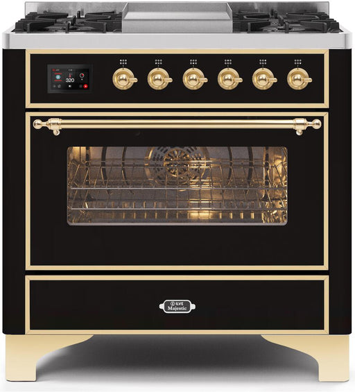 ILVE Majestic II 36 Inch Dual Fuel Natural Gas Freestanding Range in Glossy Black with Brass Trim UM09FDNS3BKGNG - Farmhouse Kitchen and Bath