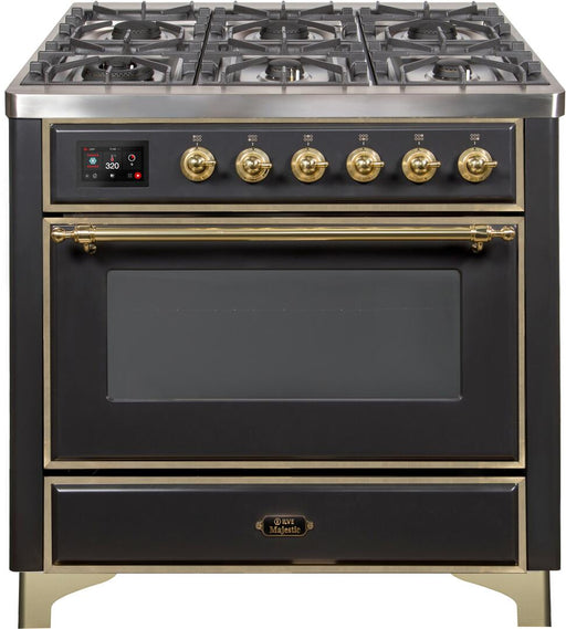 ILVE Majestic II 36 Inch Dual Fuel Natural Gas Freestanding Range in Matte Graphite with Brass Trim UM09FDNS3MGGNG - Farmhouse Kitchen and Bath