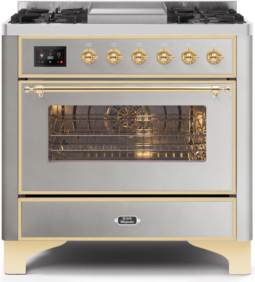ILVE Majestic II 36 Inch Dual Fuel Natural Gas Freestanding Range in Stainless Steel with Brass Trim UM09FDNS3SSGNG - Farmhouse Kitchen and Bath