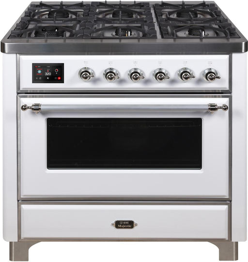 ILVE Majestic II 36 Inch Dual Fuel Natural Gas Freestanding Range in White with Chrome Trim UM09FDNS3WHC - Farmhouse Kitchen and Bath