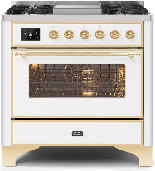 ILVE Majestic II 36 Inch Dual Fuel Natural Gas Freestanding Range in White with Brass Trim  UM09FDNS3WHGNG - Farmhouse Kitchen and Bath