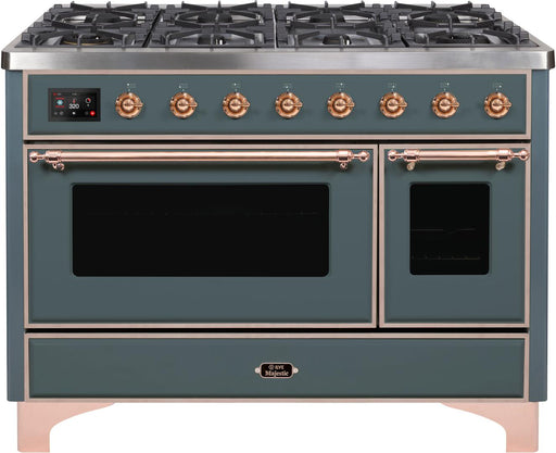 ILVE Majestic II 48 Inch Dual Fuel Natural Gas Freestanding Range in Blue Grey with Copper Trim UM12FDNS3BGPNG - Farmhouse Kitchen and Bath