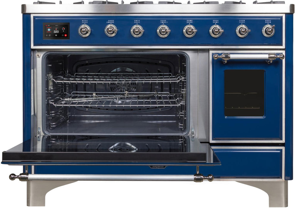 ILVE Majestic II 48"Dual Fuel Range Blue-Chrome Trim UM12FDNS3MBCNG - Farmhouse Kitchen and Bath