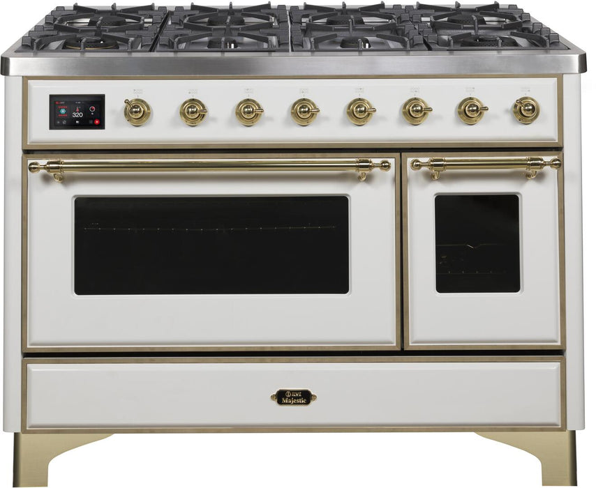 ILVE Majestic II 48 Inch Dual Fuel Natural Gas Freestanding Range in White with Brass Trim UM12FDNS3WHGNG - Farmhouse Kitchen and Bath