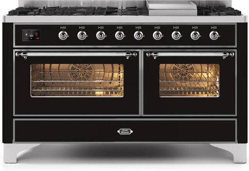 ILVE Majestic II 60 Inch Dual Fuel Natural Gas Freestanding Range in Glossy Black with Chrome Trim UM15FDNS3BKCNG - Farmhouse Kitchen and Bath