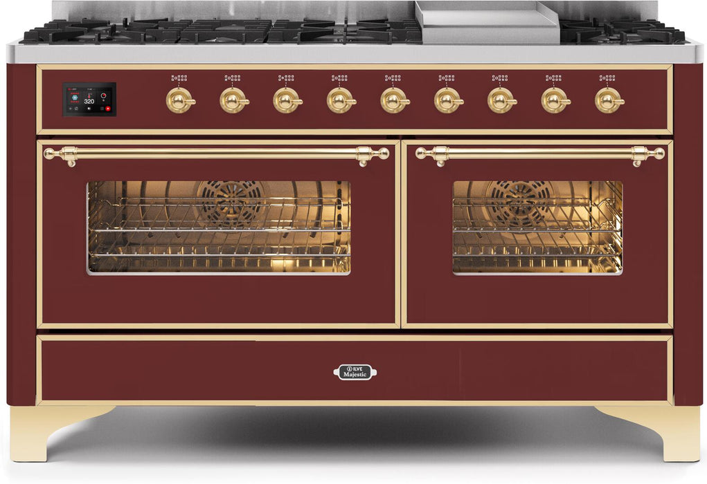 ILVE Majestic II 60"Dual Fuel Range Burgundy Brass Trim UM15FDNS3BUGNG - Farmhouse Kitchen and Bath
