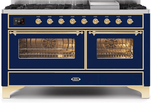 ILVE Majestic II 60 Inch Dual Fuel Natural Gas Freestanding Range in Blue with Brass Trim UM15FDNS3MBGNG - Farmhouse Kitchen and Bath