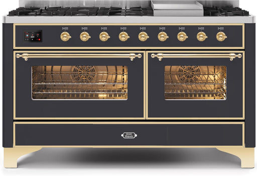 ILVE Majestic II 60 Inch Dual Fuel Natural Gas Freestanding Range in Matte Graphite with Brass Trim UM15FDNS3MGGNG - Farmhouse Kitchen and Bath
