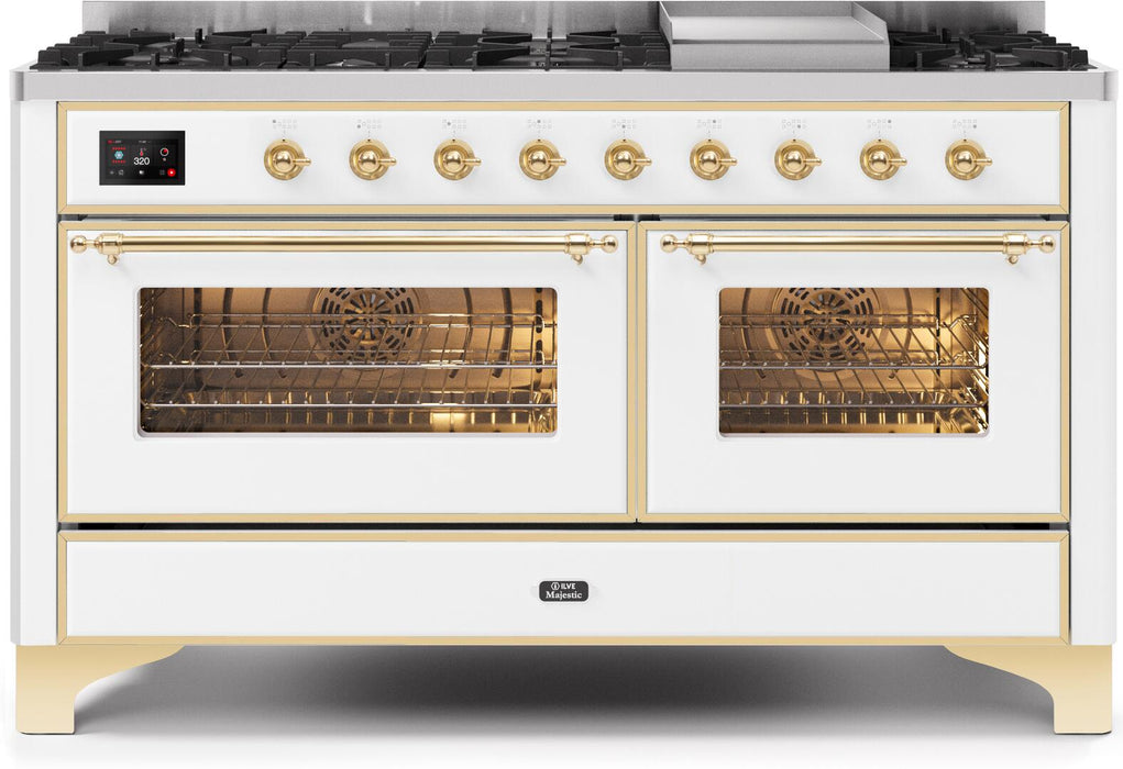 ILVE Majestic II 60 Inch Dual Fuel Natural Gas Freestanding Range in White with Brass Trim UM15FDNS3WHGNG - Farmhouse Kitchen and Bath