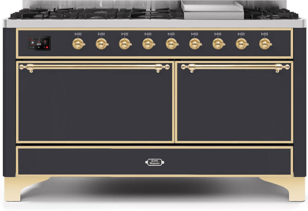 ILVE Majestic II 60 Inch Dual Fuel Natural Gas Freestanding Range in Matte Graphite with Brass Trim UM15FDQNS3MGGNG - Farmhouse Kitchen and Bath