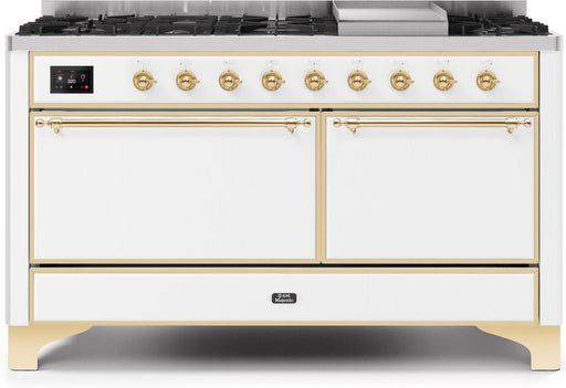 ILVE Majestic II 60 Inch Dual Fuel Natural Gas Freestanding Range in White with Brass Trim UM15FDQNS3WHGNG - Farmhouse Kitchen and Bath