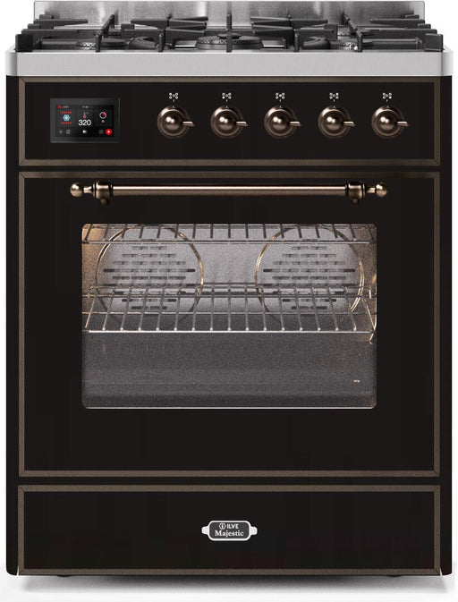 ILVE Majestic II 30 Inch Dual Fuel Natural Gas Freestanding Range in Glossy Black with Bronze Trim UM30DNE3BKBNG - Farmhouse Kitchen and Bath