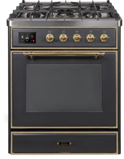 ILVE Majestic II 30 Inch Dual Fuel Natural Gas Freestanding Range in Matte Graphite with Brass Trim UM30DNE3MGGNG - Farmhouse Kitchen and Bath