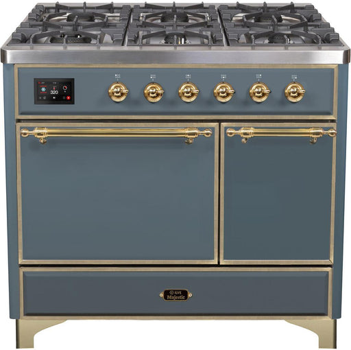 ILVE Majestic II 40 Inch Dual Fuel Natural Gas Freestanding Range in Blue Grey with Brass Trim UMD10FDQNS3BGGNG - Farmhouse Kitchen and Bath