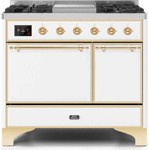 ILVE Majestic II 40 Inch Dual Fuel Natural Gas Freestanding Range in White with Brass Trim UMD10FDQNS3WHGNG - Farmhouse Kitchen and Bath