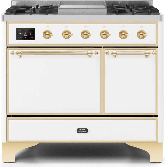 ILVE Majestic II 40 Inch Dual Fuel Natural Gas Freestanding Range in White with Brass Trim UMD10FDQNS3WHGNG - Farmhouse Kitchen and Bath