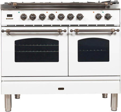 ILVE Nostalgie 40 Inch Dual Fuel Natural Gas Freestanding Range in White with Bronze Trim UPDN100FDMPBYNG - Farmhouse Kitchen and Bath
