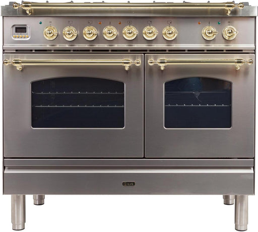 ILVE Nostalgie 40 Inch Dual Fuel Natural Gas Freestanding Range in Stainless Steel with Brass Trim‎ UPDN100FDMPING - Farmhouse Kitchen and Bath