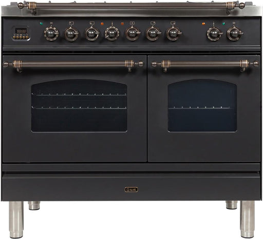 ILVE Nostalgie 40 Inch Dual Fuel Natural Gas Freestanding Range in Matte Graphite with Bronze Trim UPDN100FDMPMYNG - Farmhouse Kitchen and Bath