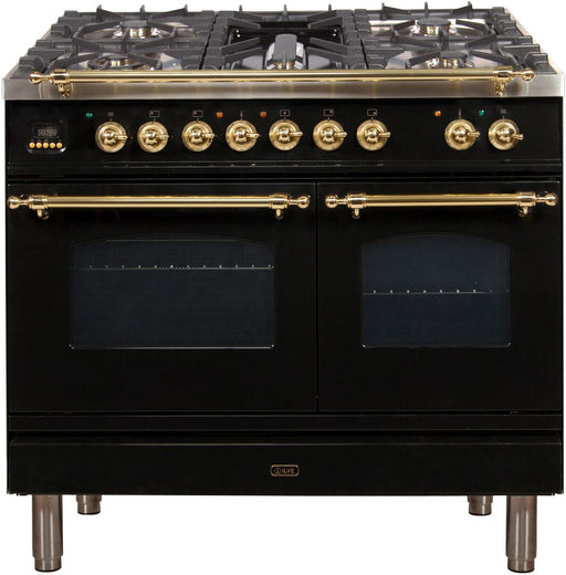 ILVE Nostalgie 40 Inch Dual Fuel Natural Gas Freestanding Range in Glossy Black with Brass Trim UPDN100FDMPN - Farmhouse Kitchen and Bath