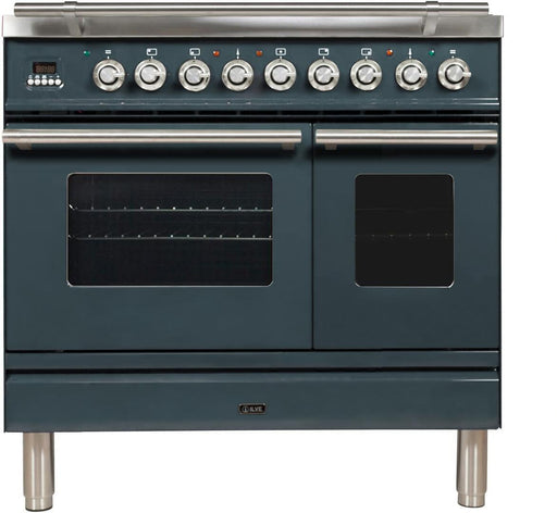 ILVE Professional Plus 36 Inch Dual Fuel Natural Gas Freestanding Range in Blue Grey with Chrome Trim UPDW90FDMPGUNG - Farmhouse Kitchen and Bath