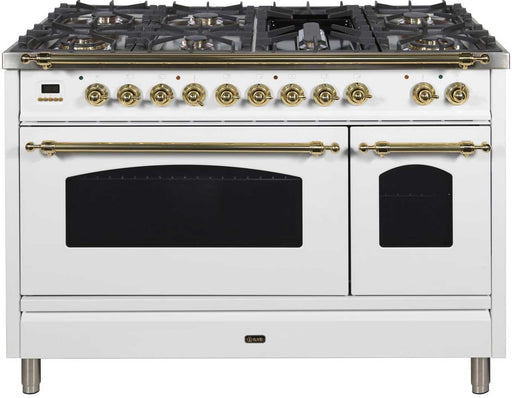 ILVE Nostalgie 48 Inch Dual Fuel Natural Gas Freestanding Range in White with Brass Trim ‎UPN120FDMPBNG - Farmhouse Kitchen and Bath