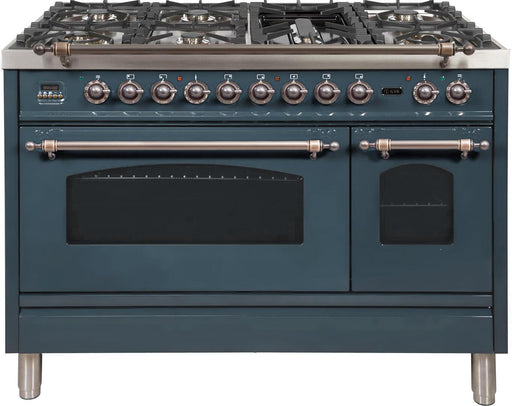 ILVE Nostalgie 48 Inch Dual Fuel Natural Gas Freestanding Range in Blue Grey with Bronze Trim ‎UPN120FDMPGUYNG - Farmhouse Kitchen and Bath