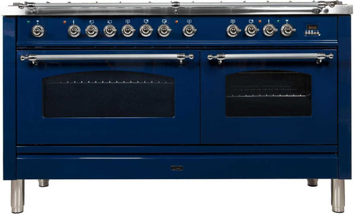 ILVE Nostalgie 60 Inch Dual Fuel Liquid Propane Freestanding Range in Blue with Chrome Trim UPN150FDMPBLXLP - Farmhouse Kitchen and Bath
