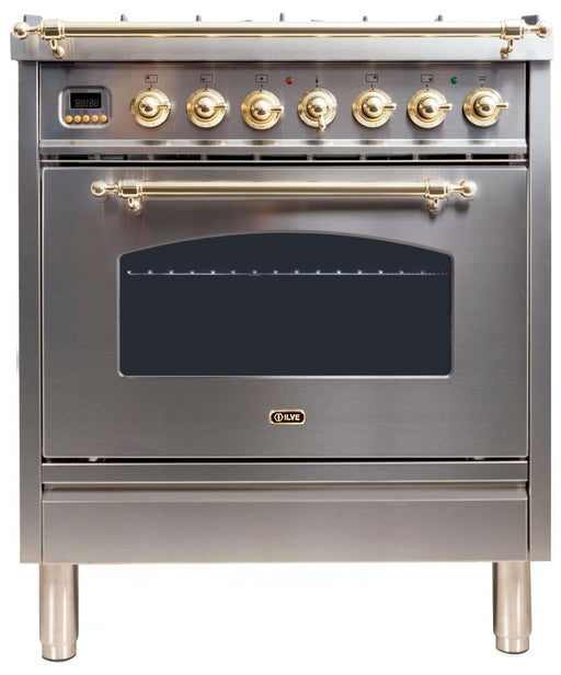 ILVE Nostalgie 30 Inch Dual Fuel Natural Gas Freestanding Range in Stainless Steel with Brass Trim‎ UPN76DMPING - Farmhouse Kitchen and Bath