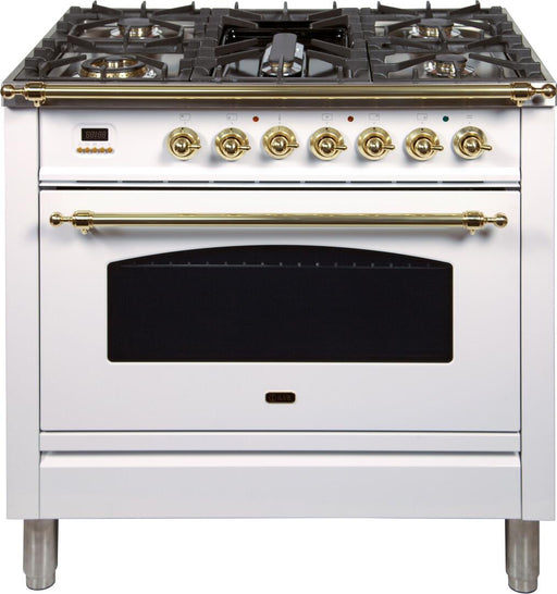 ILVE Nostalgie 36 Inch Dual Fuel Natural Gas Freestanding Range in White with Brass Trim ‎UPN90FDMPBNG - Farmhouse Kitchen and Bath