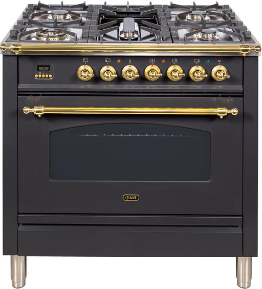 ILVE Nostalgie 36 Inch Dual Fuel Natural Gas Freestanding Range in Matte Graphite with Brass Trim‎ UPN90FDMPMNG - Farmhouse Kitchen and Bath