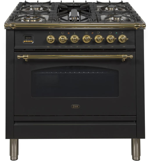 ILVE Nostalgie 36 Inch Dual Fuel Natural Gas Freestanding Range in Glossy Black with Brass Trim UPN90FDMPNNG - Farmhouse Kitchen and Bath