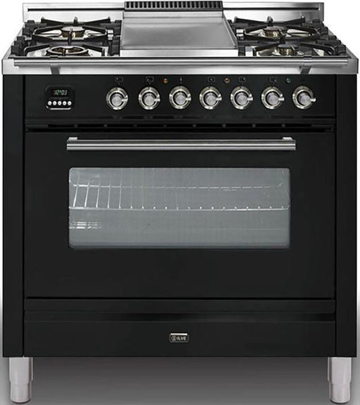 ILVE Professional Plus 36 Inch Gas Natural Gas Freestanding Range in Glossy Black with Chrome Trim UPW90FDVGGNNG - Farmhouse Kitchen and Bath