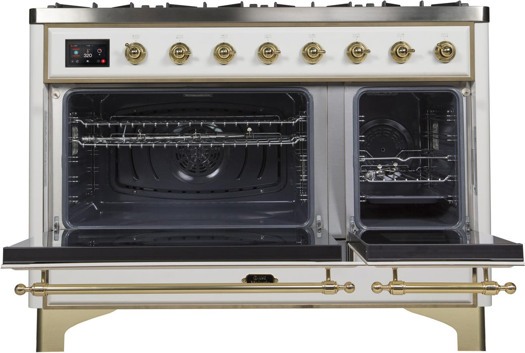 ILVE Majestic II 48 Inch Dual Fuel Natural Gas Freestanding Range in White with Brass Trim UM12FDNS3WHGNG - Farmhouse Kitchen and Bath