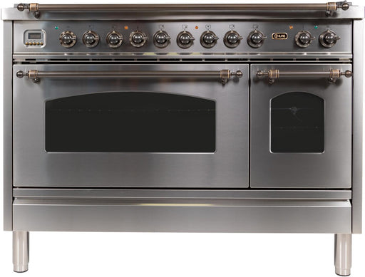 ILVE Nostalgie 48 Inch Dual Fuel Natural Gas Freestanding Range in Stainless Steel with Bronze Trim UPN120FDMPIYNG - Farmhouse Kitchen and Bath