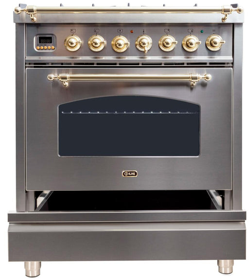 ILVE Nostalgie 30 Inch Dual Fuel Natural Gas Freestanding Range in Stainless Steel with Brass Trim‎ UPN76DMPING - Farmhouse Kitchen and Bath