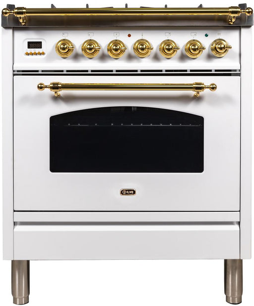 ILVE Nostalgie 30 Inch Dual Fuel Natural Gas Freestanding Range in White with Brass Trim UPN76DMPBNG - Farmhouse Kitchen and Bath