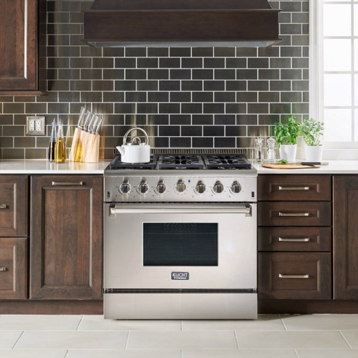 Kucht 36” Pro Stainless Gas Range, 5.2 cu ft, Black Knobs, KRG3618U-K - Farmhouse Kitchen and Bath