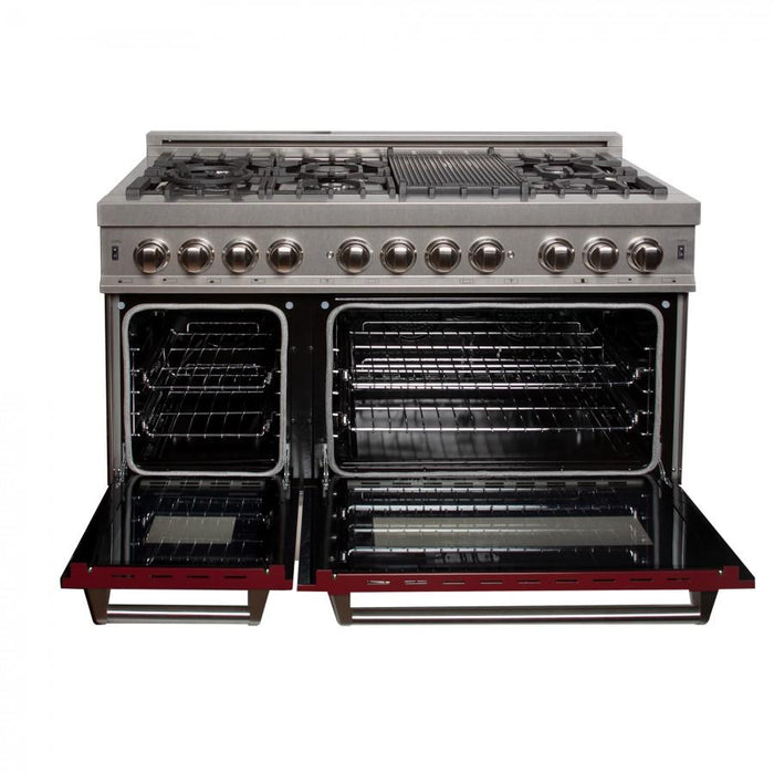 ZLINE 48" Dual Fuel Range in Snow Stainless, Red Gloss Door, RAS-RG-48 - Farmhouse Kitchen and Bath