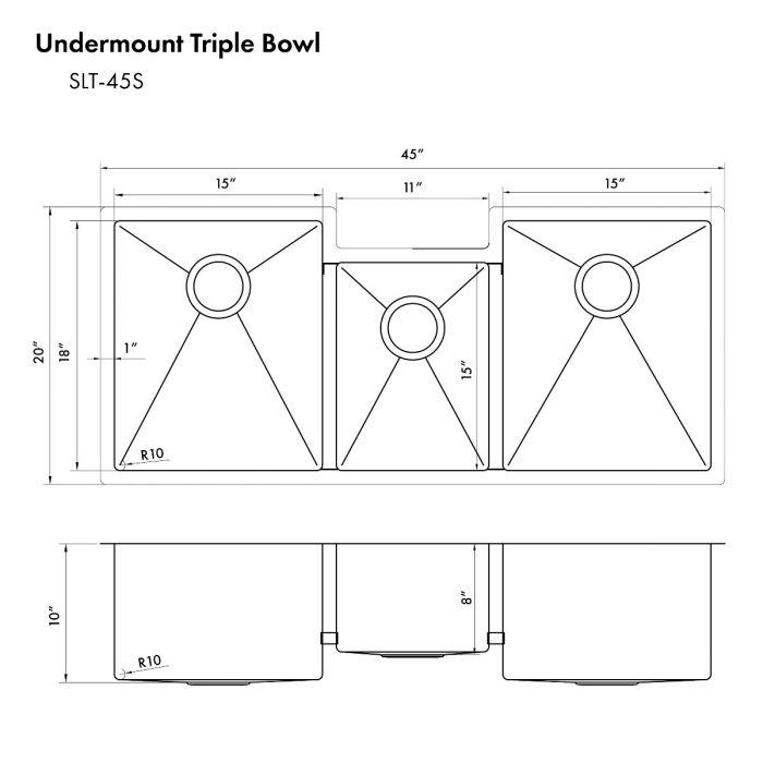 ZLINE 45" Undermount Triple Bowl Sink, DuraSnow Stainless, SLT-45S - Farmhouse Kitchen and Bath