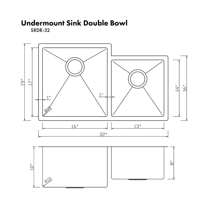 ZLINE Jackson 32" Undermount Double Bowl Sink In Stainless Steel, SRDR-32 - Farmhouse Kitchen and Bath