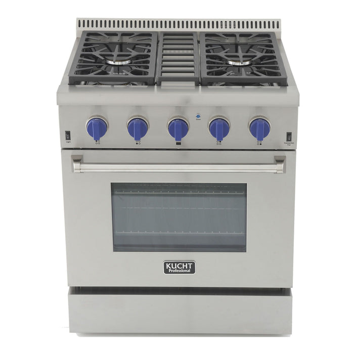 Kucht 30” Pro Stainless Gas Range, 4.2 cu ft, Blue Knobs, KRG3080U-B - Farmhouse Kitchen and Bath