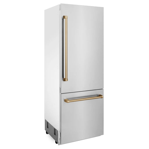 ZLINE 30" Autograph Edition 16.1 cu. ft. Built-in 2-Door Bottom Freezer Refrigerator with Internal Water and Ice Dispenser in Stainless Steel with Champagne Bronze Accents RBIVZ-304-30-CB - Farmhouse Kitchen and Bath