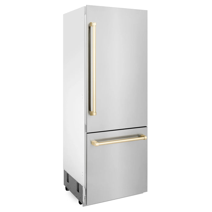 ZLINE 30” Autograph Edition 16.1 cu. ft. Built-in 2-Door Bottom Freezer Refrigerator with Internal Water and Ice Dispenser in Stainless Steel with Gold Accents RBIVZ-304-30-G - Farmhouse Kitchen and Bath